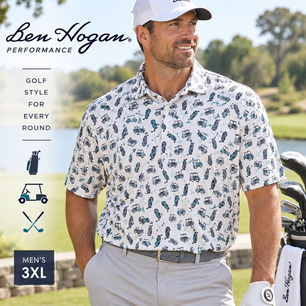 Ben Hogan Golf Polo Mens 3XL White Golf Cart Print Performance Shirt